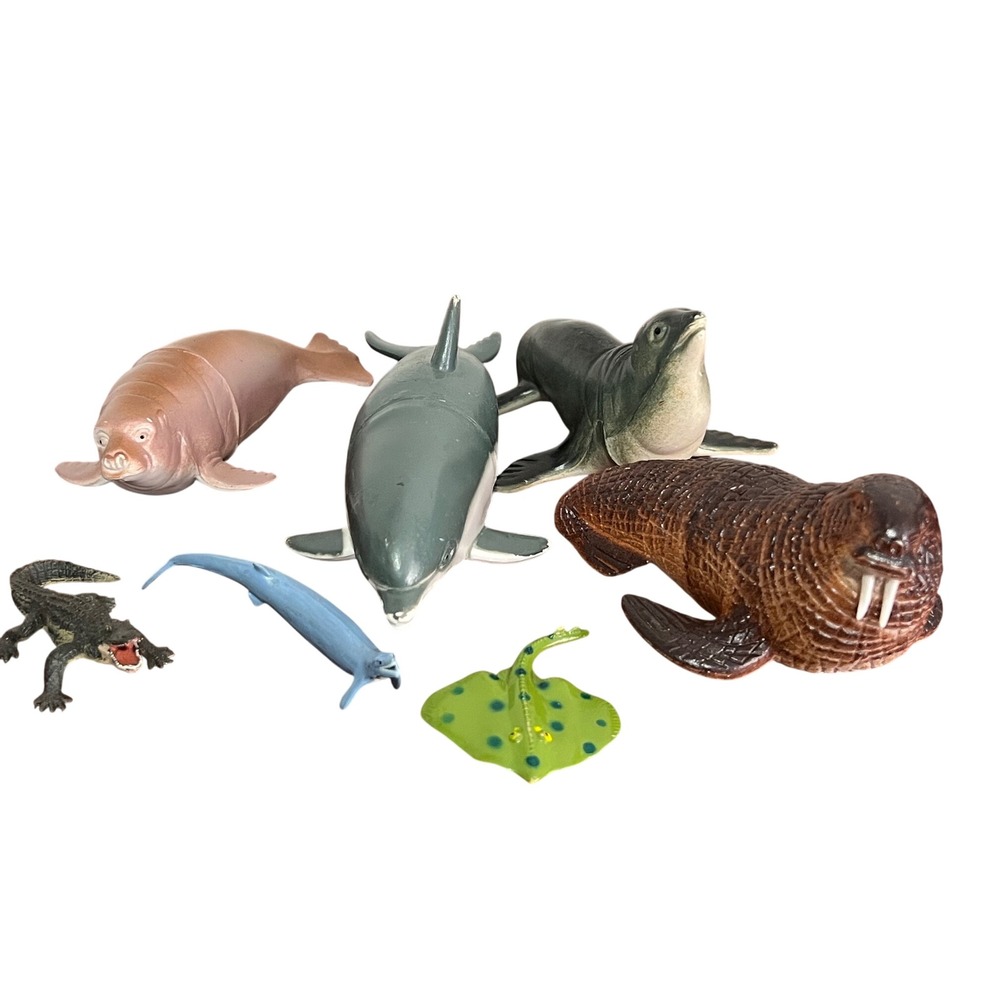 7 Piece Marine Life Animal Toy Lot Walrus Dolphin Sea Lion Stingray Crocodile